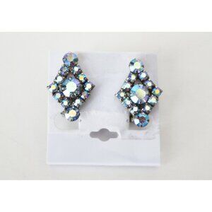 Vintage Earrings Clip On Blue Auroara Borealis Rhinestones Mid Century 1950s  Lo